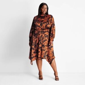 Elegant Floral Print Dress in Black and Orange